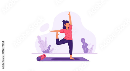 Woman practicing yoga, Natarajasana pose. Illustration perfect for wellness websites, yoga studios, or health publications.