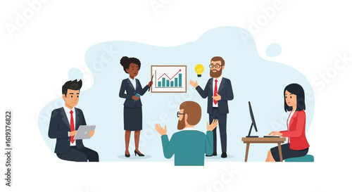 Diverse business team brainstorming, presenting data and working on a project. Ideal for website landing pages, presentations, and brochures.