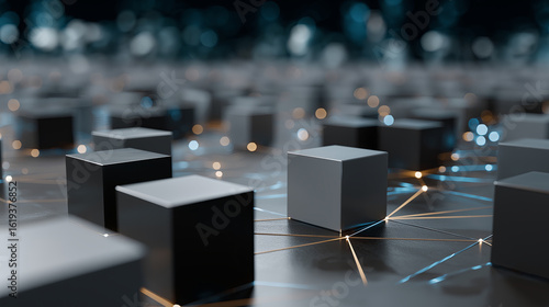 An abstract image of a data landscape with dark cubes connected by glowing lines, representing a digital network or blockchain.