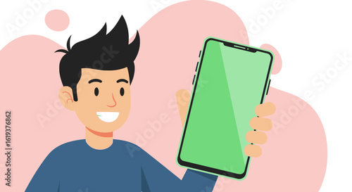 Happy man showing smartphone with green screen, perfect for app presentation or website mockups.