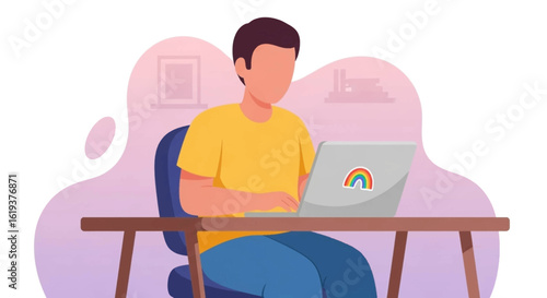 Person working on laptop, vector illustration ideal for websites and blogs about remote work, technology, or diversity.