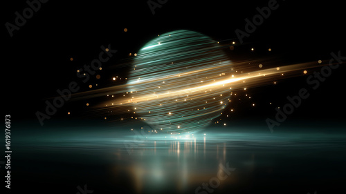 An abstract image of a futuristic energy sphere glowing with green and orange light streaks, reflecting on a dark, wet surface.