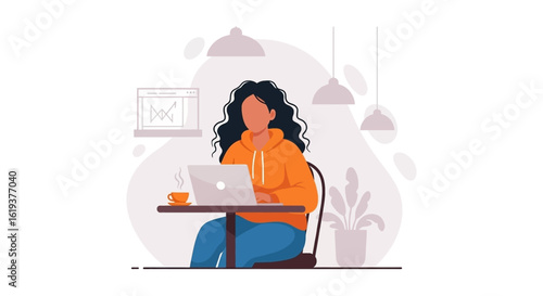 Woman working on laptop in cafe, perfect for websites and marketing materials about remote work, freelance, or coffee shop culture.