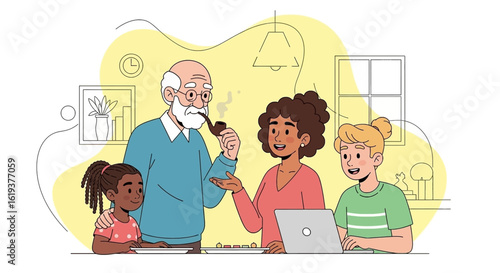 Grandfather sharing stories with grandchildren using laptop, ideal for family blogs and websites.