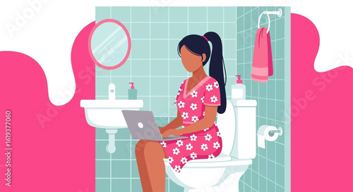 Woman working on laptop in bathroom - illustration for articles about work-life balance or remote work.