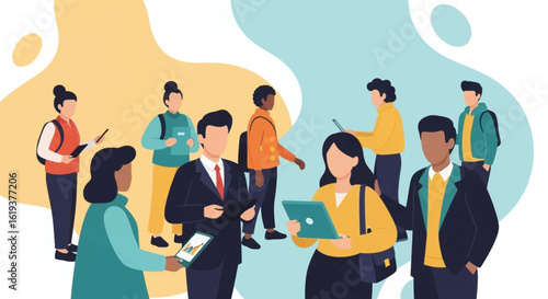 Diverse group of young professionals using digital devices; ideal for websites, presentations, and marketing materials.