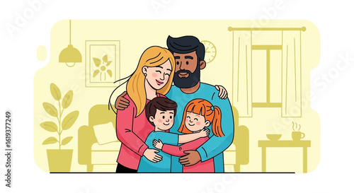 Happy family embracing at home, perfect for family blogs, parenting websites, or insurance company brochures.