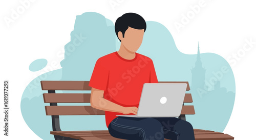 Man working on laptop outdoors, sitting on a park bench - perfect for website banners or blog posts about remote work.