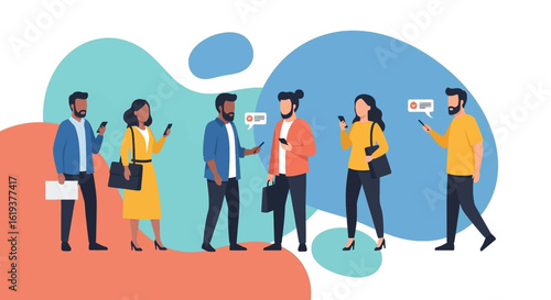 Diverse group of young professionals using smartphones, ideal for website banners or mobile app marketing.