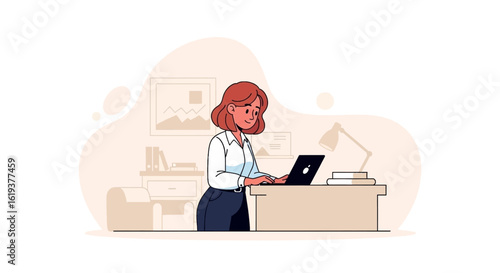 Woman working on laptop at standing desk, perfect for website banners or productivity articles.