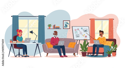 Diverse team collaborating remotely from home offices, perfect for illustrating remote work, teamwork, or online meetings.