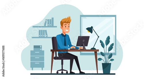Happy businessman working on computer in modern office - perfect for website landing pages or brochures.
