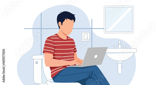 Man working on laptop in bathroom - perfect for articles about work-life balance or remote work challenges.