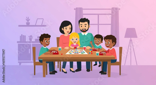 Happy family playing board games at home. Perfect for family blogs, parenting websites, or articles about family fun.