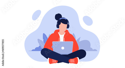 Young woman working on laptop, wearing headphones, sitting cross-legged. Perfect for blogs, websites, or app interfaces.