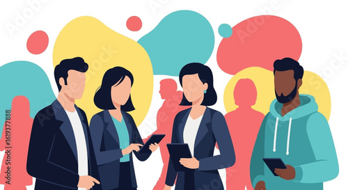 Diverse business team collaborating using tablets, ideal for websites or presentations.