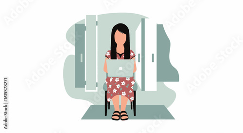 Woman working on laptop in a waiting area, perfect for website banners or blog posts about remote work.