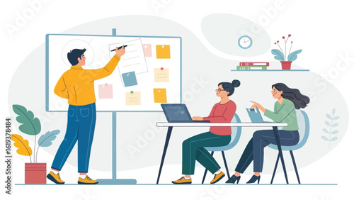 Team brainstorming session, ideal for project management and teamwork landing pages.