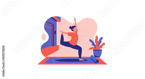 Woman practicing yoga at home, perfect for wellness websites or fitness apps.
