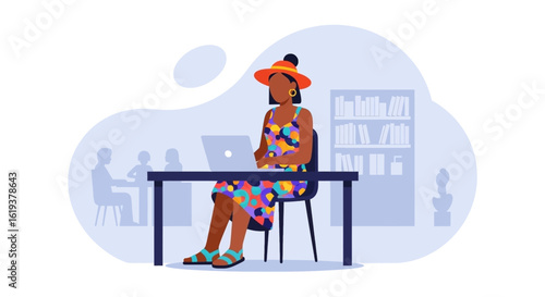 Woman working on laptop in a modern co-working space; ideal for website banners or brochures.