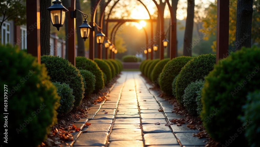 Fototapeta premium Peaceful Garden Pathway at Sunset with Lantern Decoration Surrounded by Trees and Plants