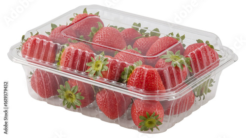 High-Resolution PNG of Fresh Strawberries in a Clear Plastic Clamshell Container - Three-Quarter View