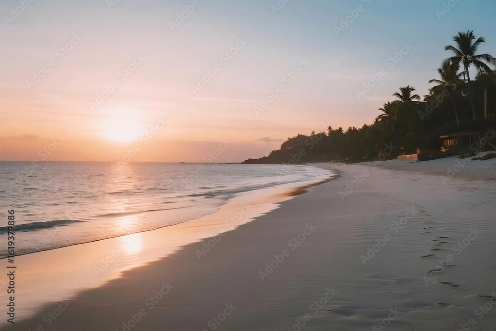 Naklejka premium Tropical Beach Sunset with Palm Trees and Gentle Ocean Waves