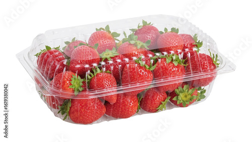 High-Resolution PNG of Fresh Strawberries in a Clear Plastic Clamshell Container - Three-Quarter View