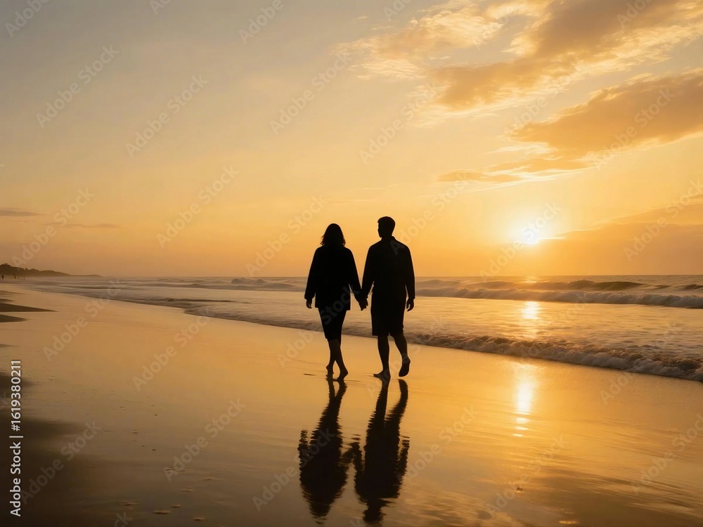 Romantic Couple Holding Hands Walking on the Beach at Sunset Romantic Couple Holding Hands Walking on the Beach at Sunset