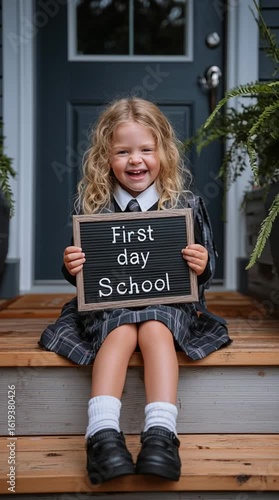 Vertical video of young blonde girl child student in school uniform smiling on steps holding sign for first day school text  