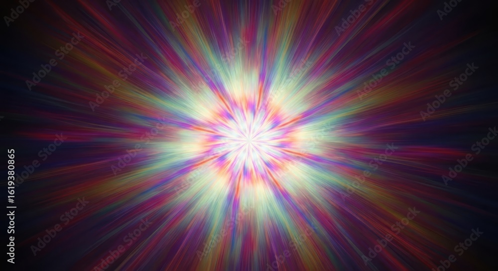 Obraz premium Vibrant radial burst of colorful light emanating from a central white core creating an energetic and abstract cosmic explosion effect