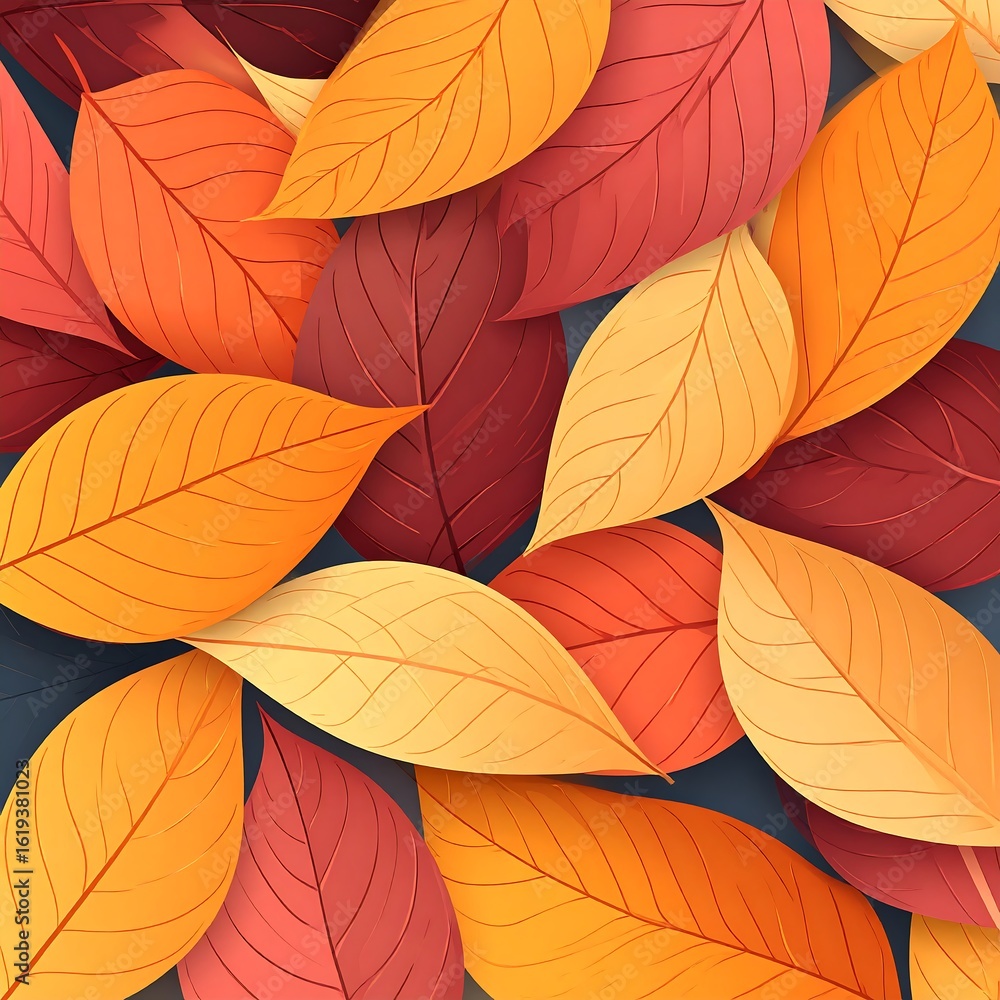Obraz premium Overlapping autumn leaves in warm hues on a dark background