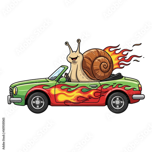 A cheerful snail with large eyes and antennae drives a red and green convertible car with flame graphics and exhaust flames