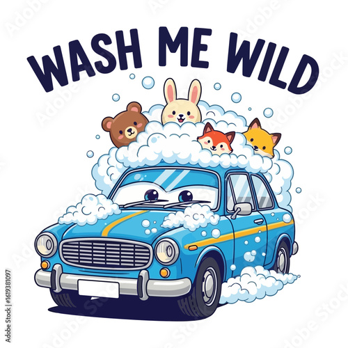 Cartoon blue car with smiling face and animals in bubbles cute bear bunny fox wash happy vehicle funny