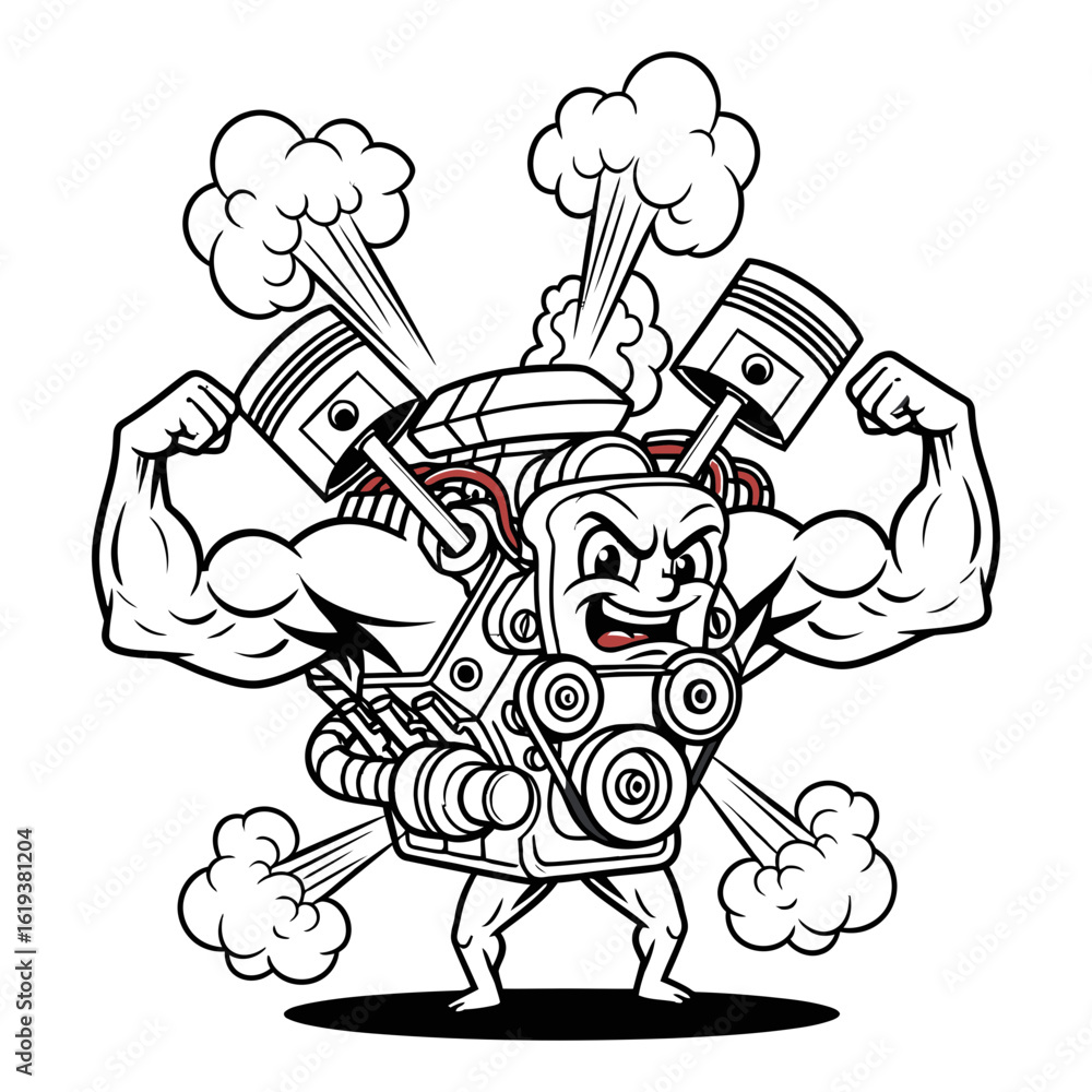 Fototapeta premium Muscular cartoon engine flexing its biceps with pistons and smoke clouds motor mechanical power strong