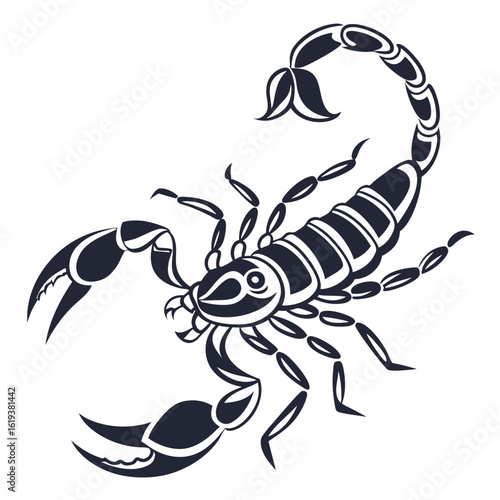 A stylized black and white illustration of a scorpion in a defensive pose with its tail and stinger raised.