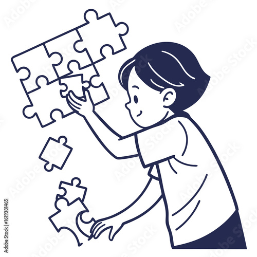 Child happily assembles a jigsaw puzzle, pieces scattered around.