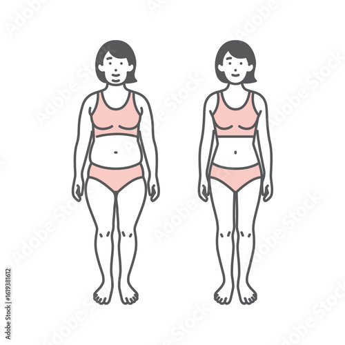 シンプル　イラスト　肥満の女性と健康体重の女性のイメージセット