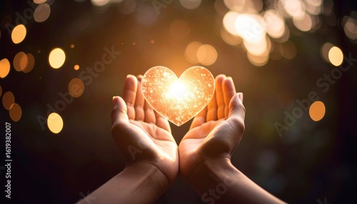 Two hands gently hold a glowing heart-shaped light against a blurred background of sparkling bokeh lights.