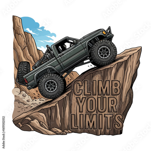 Off road truck aggressively climbs a steep rocky mountain face under a blue sky with clouds Offroad Extreme
