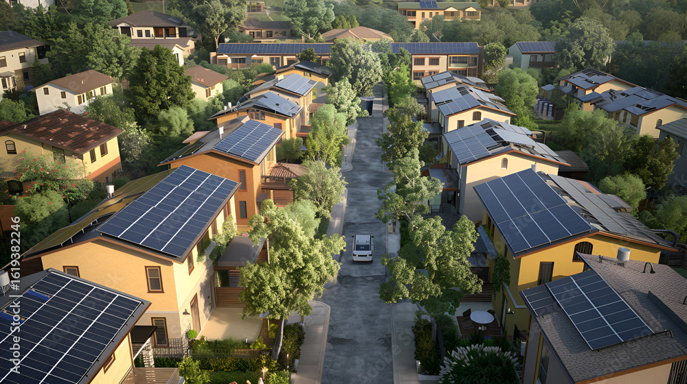 Fototapeta premium Aerial view of a suburban neighborhood with solar panels on roofs and a car on the street ahead .