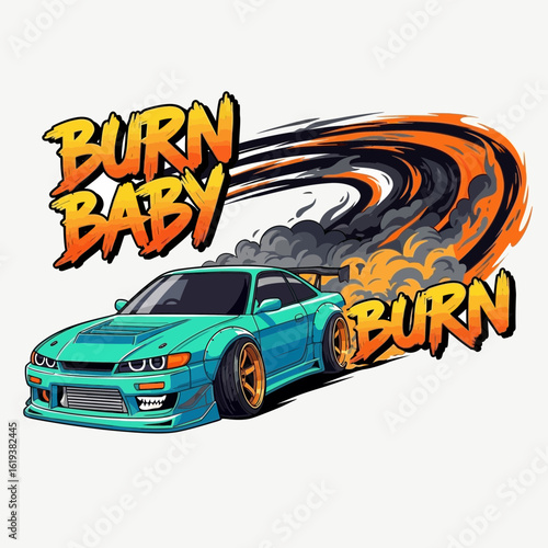 A vibrant turquoise sports car performs a burnout emitting a trail of smoke and flames with stylized text