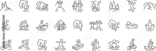 Outdoor Activities Icons, Hiking Clipart, Camping Symbols, Adventure Travel Icons, Trekking Vector Set, Nature Exploration Illustrations, Trail Walking Icons, Forest Camp Symbols, Eco Adventure Vector
