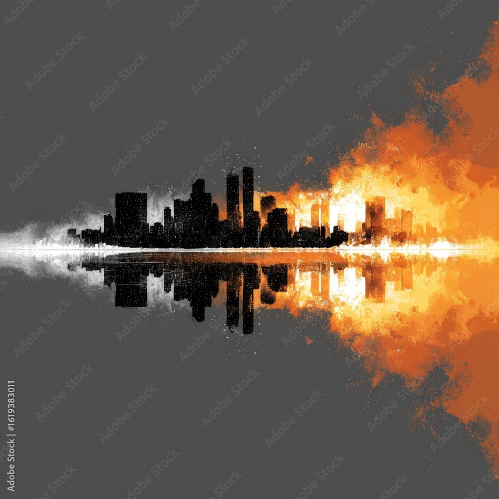 Fototapeta premium Burning city skyline reflection, fiery destruction, disaster