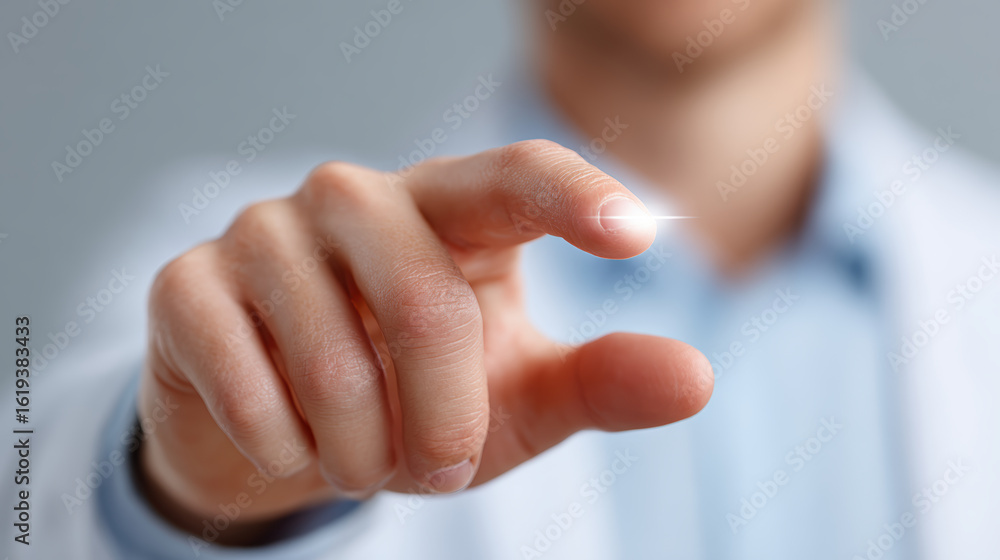 Naklejka premium Doctor hand showing future tech in medical field with focused precision on virtual user interface display