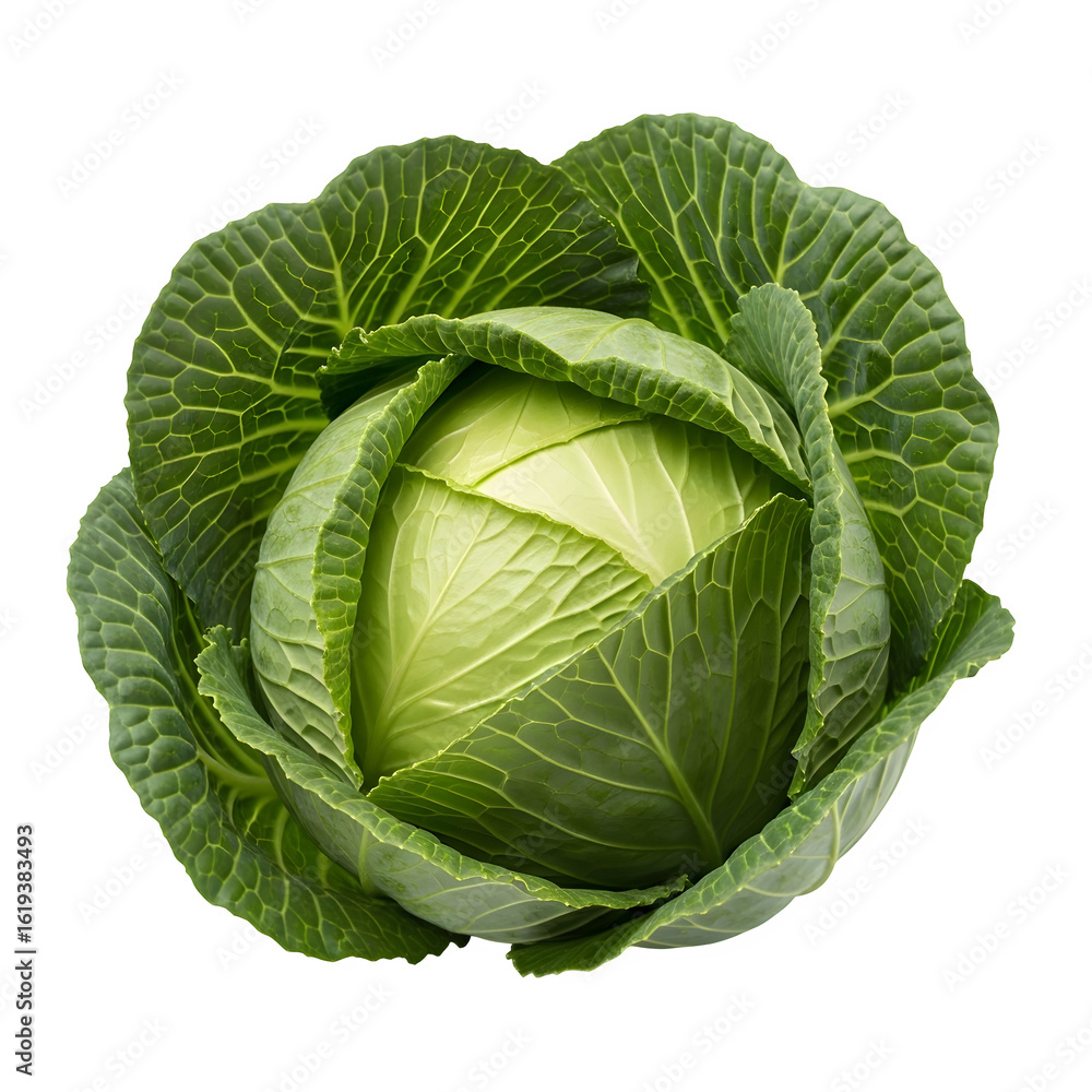 Fototapeta premium Fresh Green Cabbage Head Close-Up – Healthy Raw Vegetable Isolated on White or Transparent Background