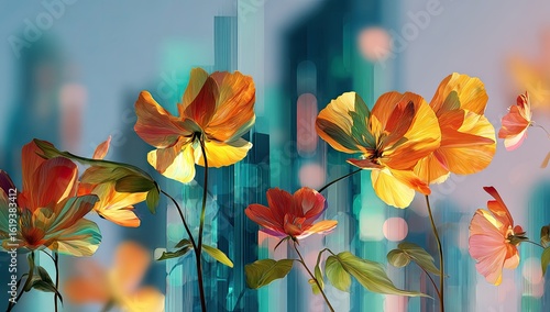 Wallpaper Mural Orange poppies city backdrop art print Torontodigital.ca
