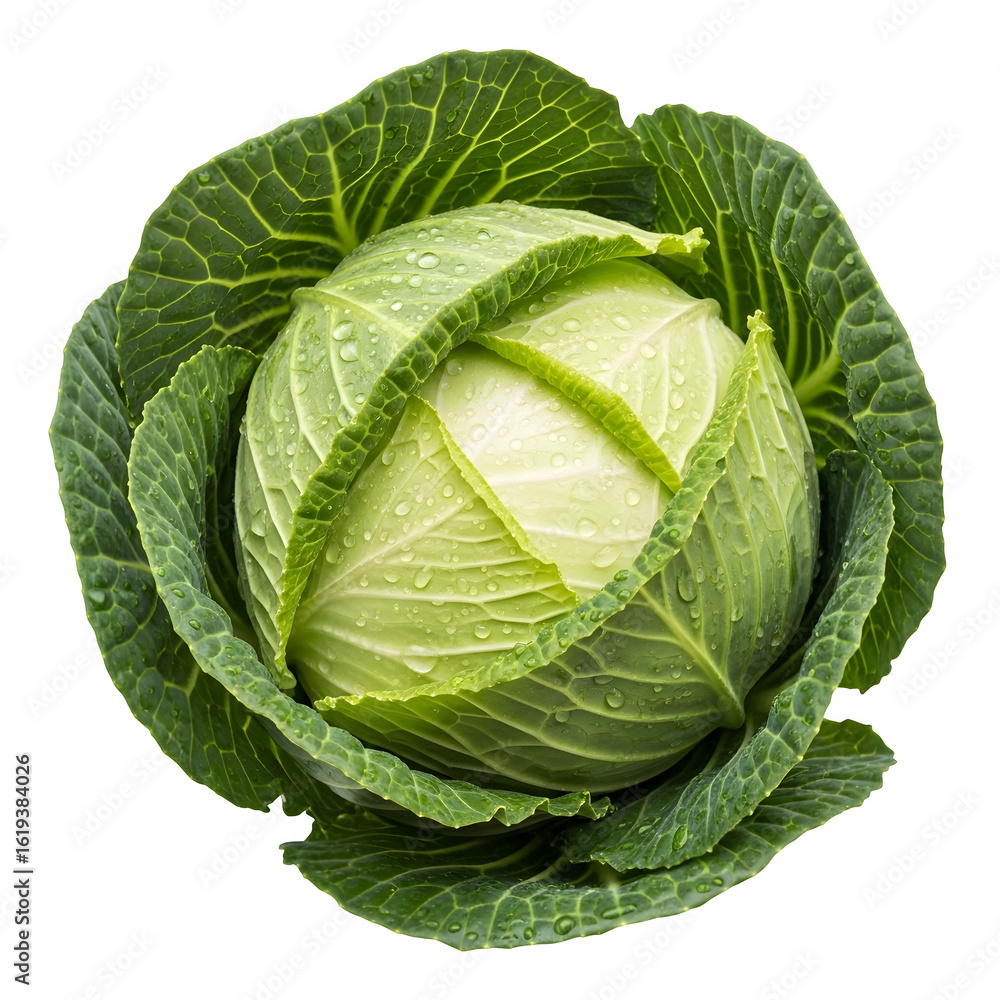 Fototapeta premium Fresh Green Cabbage Head Close-Up – Healthy Raw Vegetable Isolated on White or Transparent Background