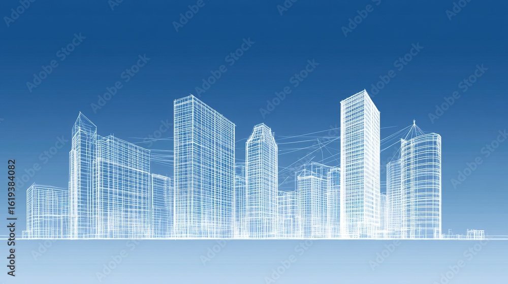 Fototapeta premium Architectural wireframe illustration of a modern city skyline against a blue gradient background