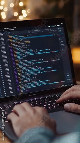 Close-up view of hands typing code on a laptop.
